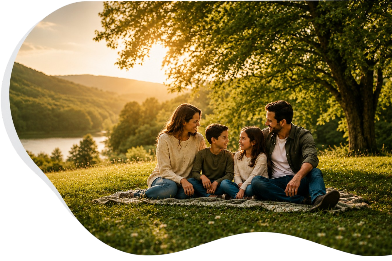 Family sitting together outdoors, representing compassionate therapy for all ages at Healing Hearts Therapeutic Services